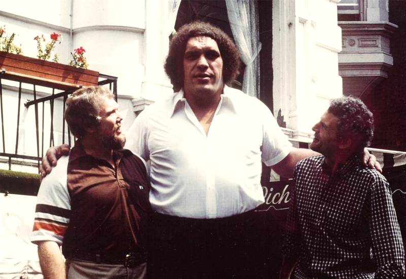 Stark Center co-founder Terry Todd, wrestler Andre the Giant, and a man, circa 1970s.