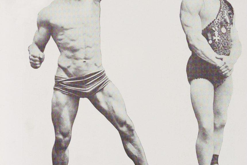 Two photographs of strongman Eugen Sandow from the book Eugen Sandow: Life of the Author as told in Photographs; Sandow is in classical poses in both photographs.