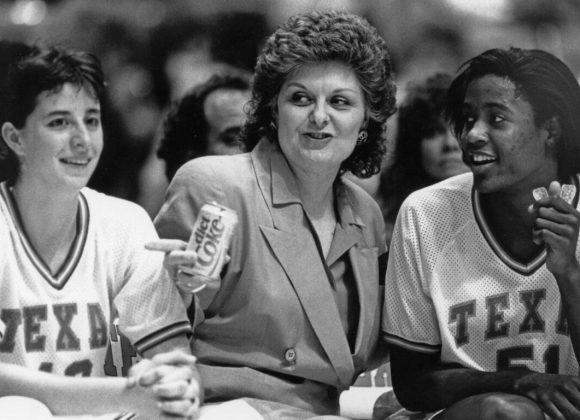 Former University of Texas women's basketball coach Jody Conradt and two Texas women basketball players, from the Jody Conradt Collection.