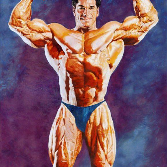 Painting of bodybuilder Lou Ferrigno, who played the Incredible Hulk on television, in a front double biceps pose, by Thomas Beecham, from the Thomas Beecham Collection; donated by Joe and Betty Weider.