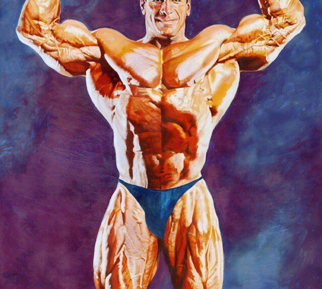 Painting of bodybuilder Lou Ferrigno, who played the Incredible Hulk on television, in a front double biceps pose, by Thomas Beecham, from the Thomas Beecham Collection; donated by Joe and Betty Weider.