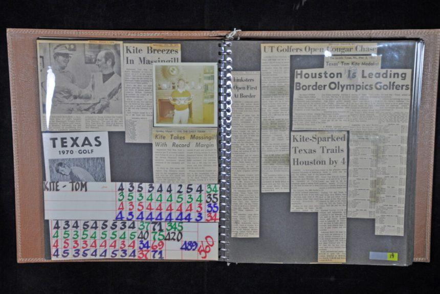 Two pages of one of the scrapbooks featuring former University of Texas golfer Tom Kite, with newspaper clippings, a photograph and a scorecard, from the Tom Kite Scrapbooks, put together by Tom Kite's mother, Mauryene Kite.