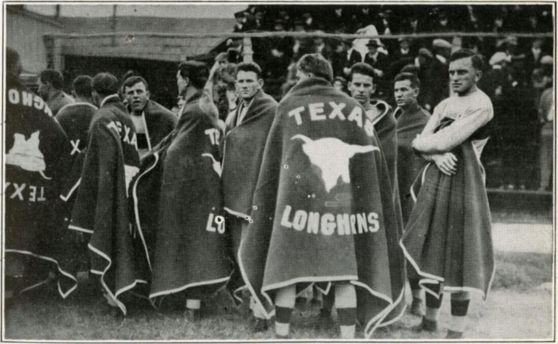 The undefeated 1914 University of Texas football team wearing the Texas Longhorns blankets, the first time the term Longhorn was used; from the Clyde Raab Littlefield Collection, in the 1914: A Perfect Season Gallery.