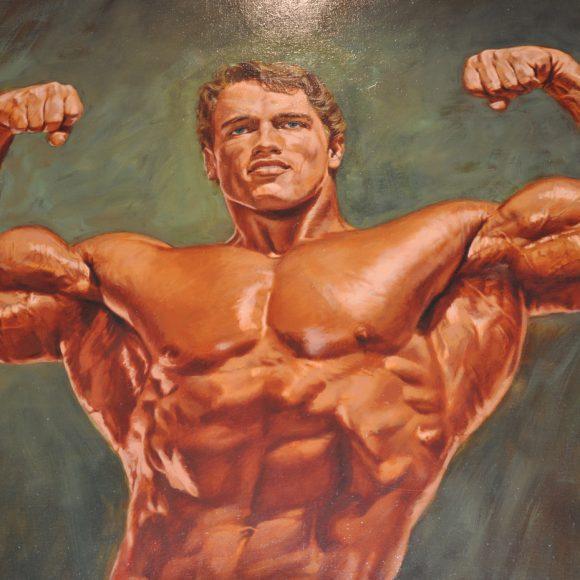 The painting of bodybuilder Arnold Schwarzenegger, in a front double biceps pose, by Thomas Beecham, from the Thomas Beecham Collection; donated by Joe and Betty Weider.