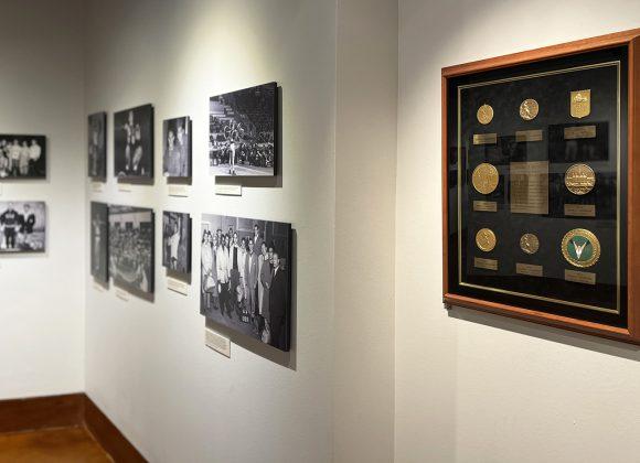 A photo of framed medals won by Tommy Kono in the Strength and Friendship exhibit.