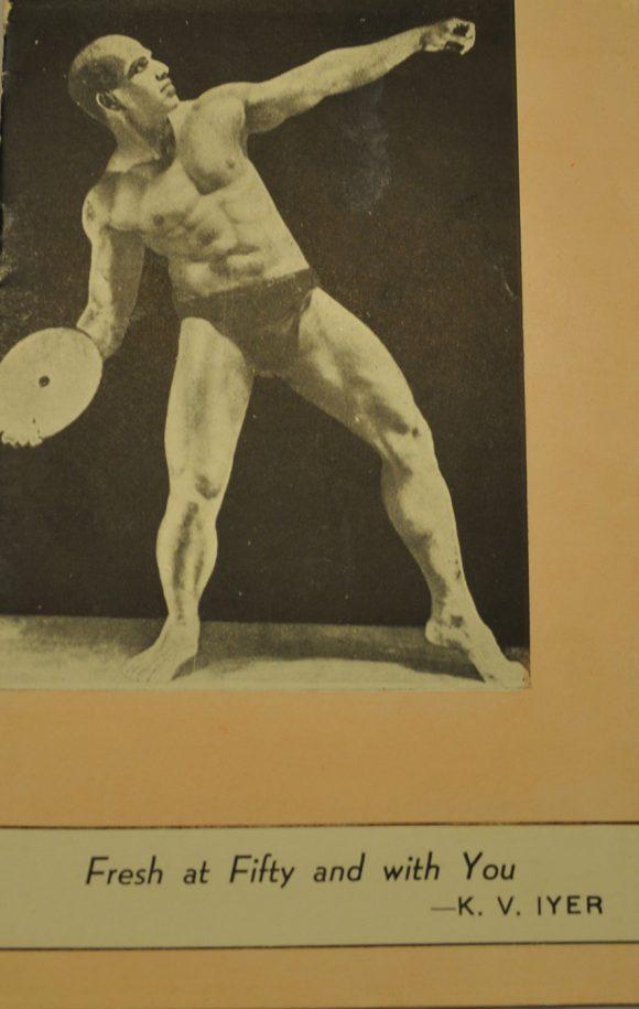 Photograph of bodybuilder K.V. Iyer, in the discus thrower pose, with the caption; Fresh at Fifty and with You.