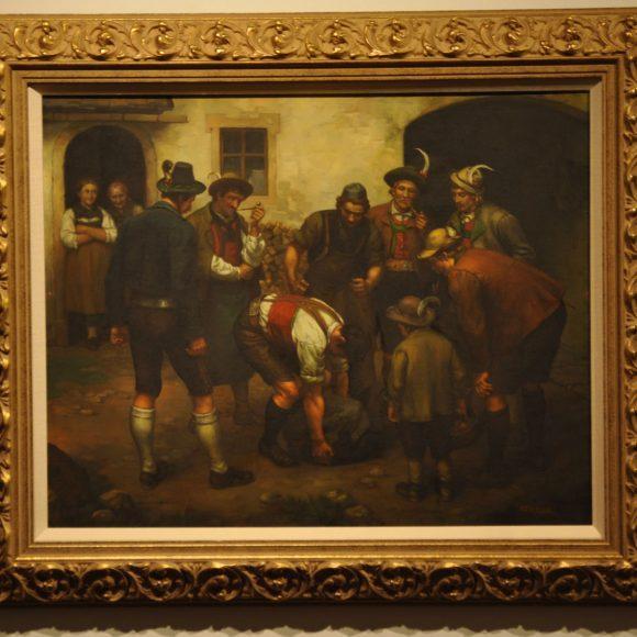 Painting of nine villagers watching a Basque stone lifter, in the Basque region of Spain, from the Todd Art Collection.
