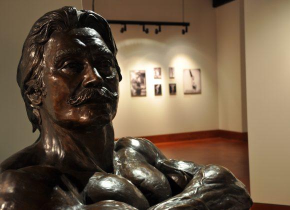 Sculpture of publisher Joe Weider, in a front double triceps pose, in the Joe and Betty Weider Museum of Physical Culture.
