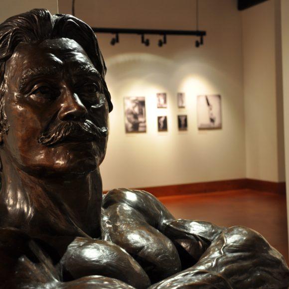 Sculpture of publisher Joe Weider, in a front double triceps pose, in the Joe and Betty Weider Museum of Physical Culture.