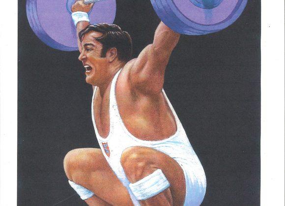Painting of United States weightlifter Bruce Wilhelm pressing a barbell overhead with two hands, by Jim Sanders, from the Jim Sanders A.O.B.S. (Association of Oldetime Barbell and Strongmen) Art Collection.
