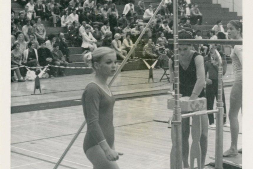 Gymnast Cathy Rigby, just before performing on the uneven bars in competition, from the Steve Wennerstrom Papers.