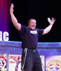 Strongman Mikail Koklyaev joyfully celebrating his third place finish at the Arnold (Schwarzenegger) Strongman Classic in 2006, in Columbus, Ohio