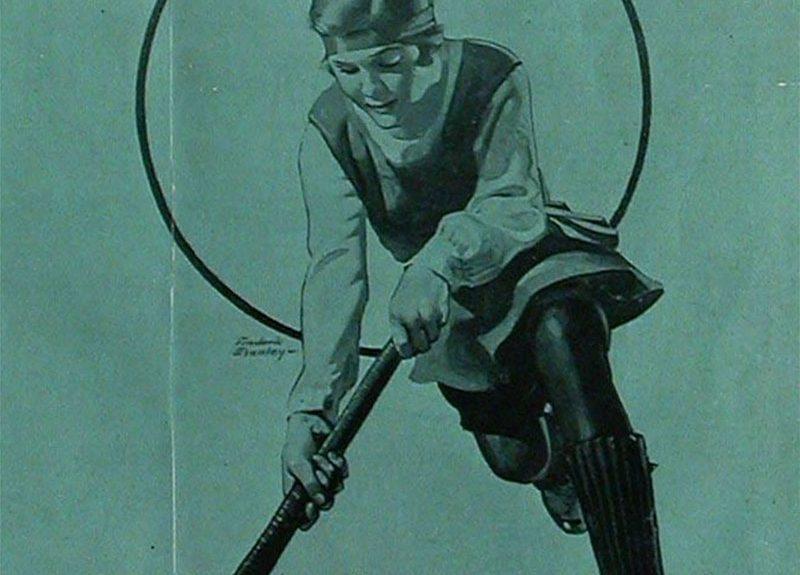 Drawing of a woman playing field hockey in 1920s attire, from the pages of The Sportswoman magazine, from the Anna Hiss Collection.