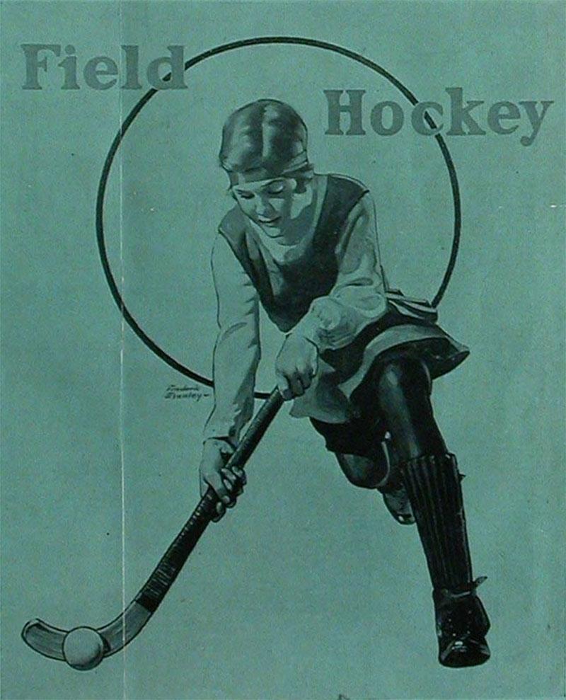 Drawing of a woman playing field hockey in 1920s attire, from the pages of The Sportswoman magazine, from the Anna Hiss Collection.
