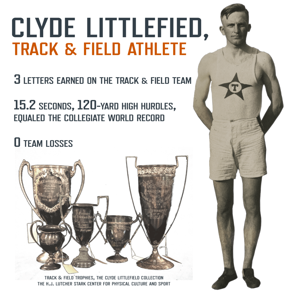 Infographic of Clyde Littlefield as track & field athlete. 3 letters earned on the track & field team. 15.2 seconds, 120-yard high hurdles, equaled the collegiate world record. 0 Team losses. Photo of Clyde. Photo of Track & Field trophies won by Clyde.