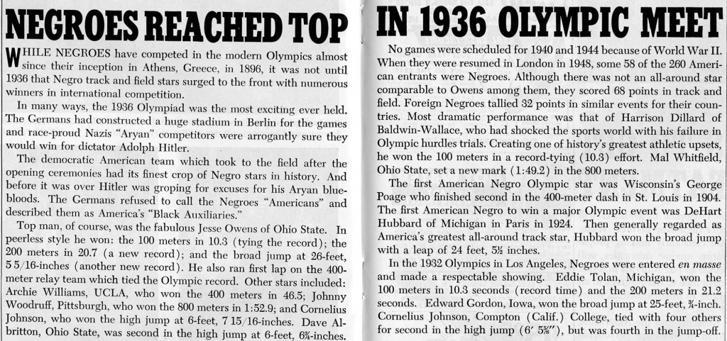 An article from Ebony Magazine about the 1936 Olympic Games.