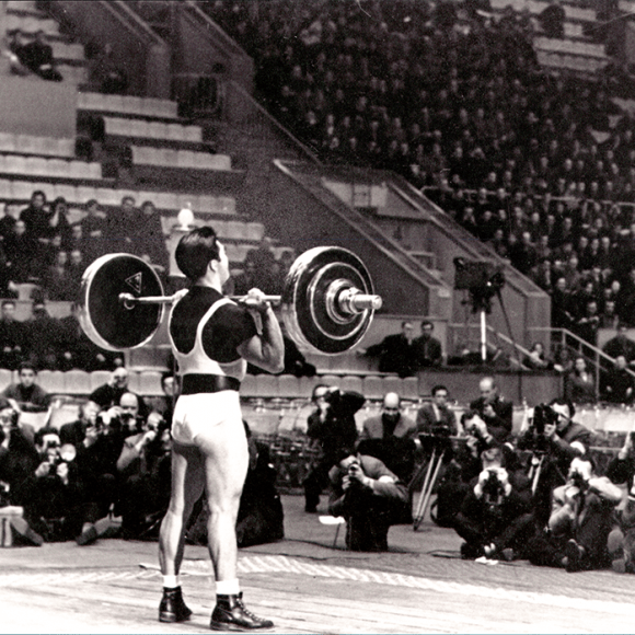 Tommy Kono competing on stage in Moscow, 1958