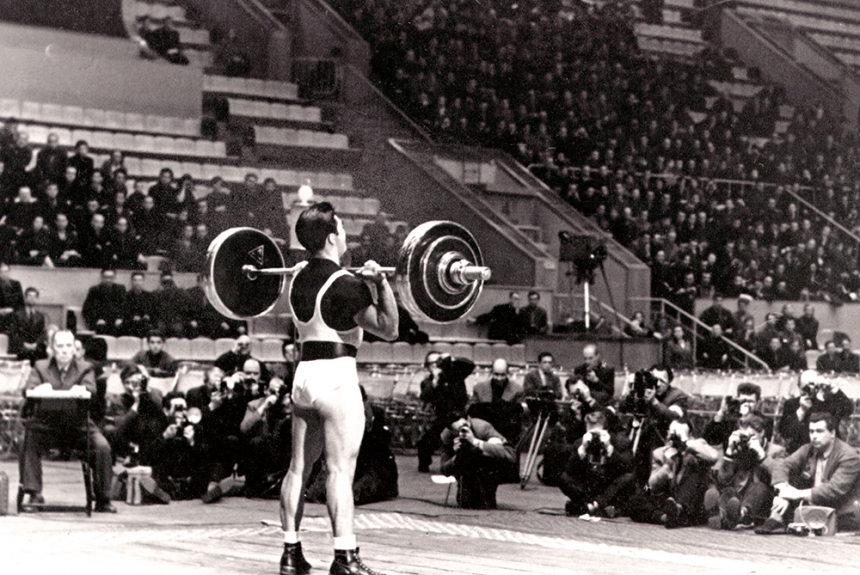 Tommy Kono competing on stage in Moscow, 1958