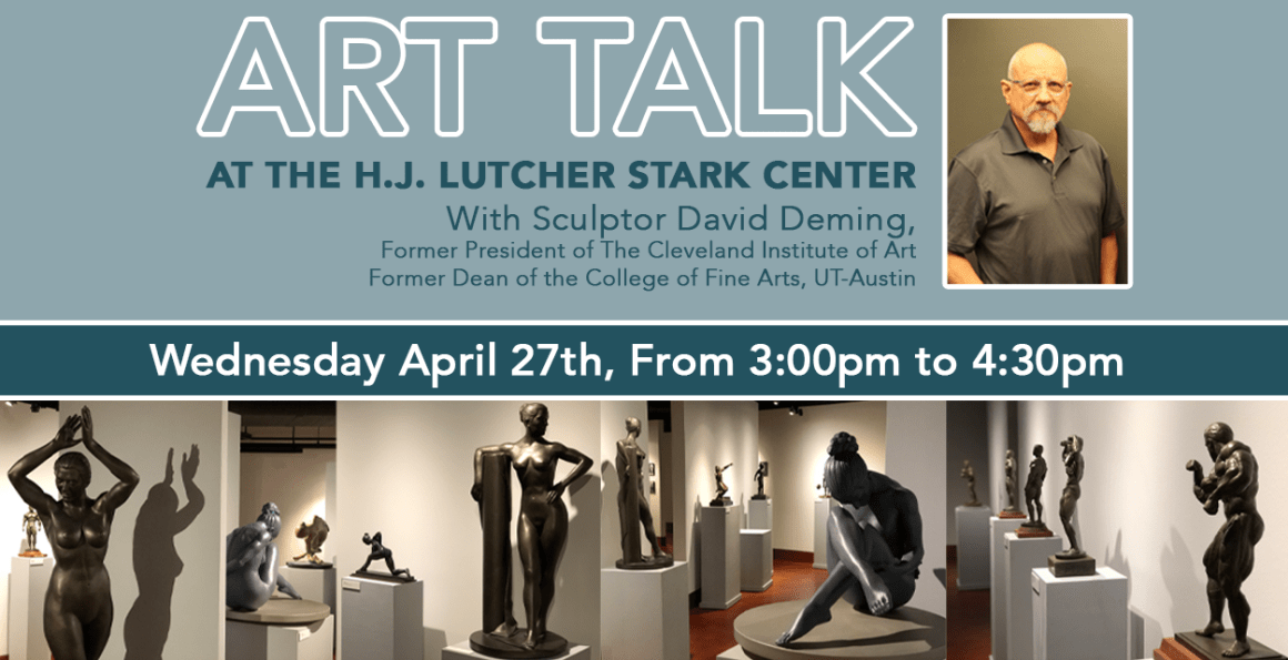 Info Graphic with photos and details of the Art Talk event featuring David Deming and his sculpture work.