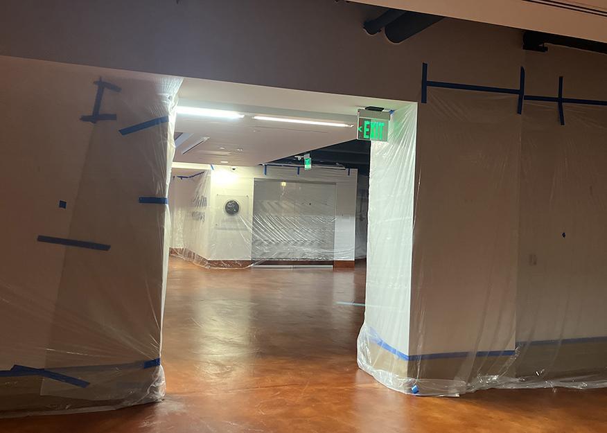 The Stark Center fine arts gallery is seen here emptied of works and covered with plastic for protection during floor construction.