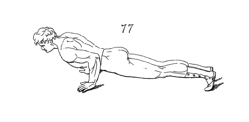 A black and white sketch of a man demonstrating a push up.