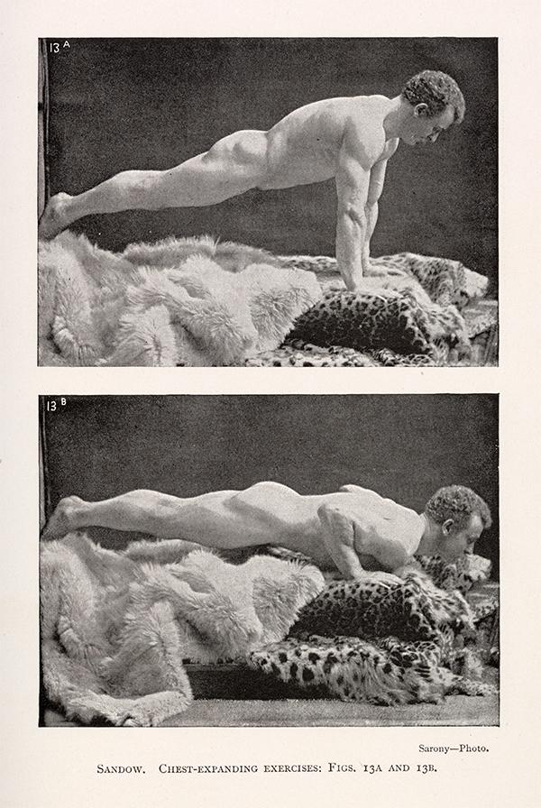 Two photographs from a book page. In the top photograph, Eugen Sandow demonstrates the 'up' position of a push up. In the bottom photo, Eugen Sandow demonstrates the 'down' position in a push up.