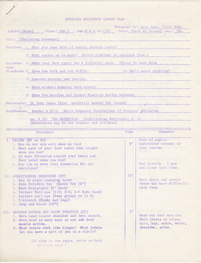 Scan of a Physical Education Lesson Plan from the Alderson Collection.