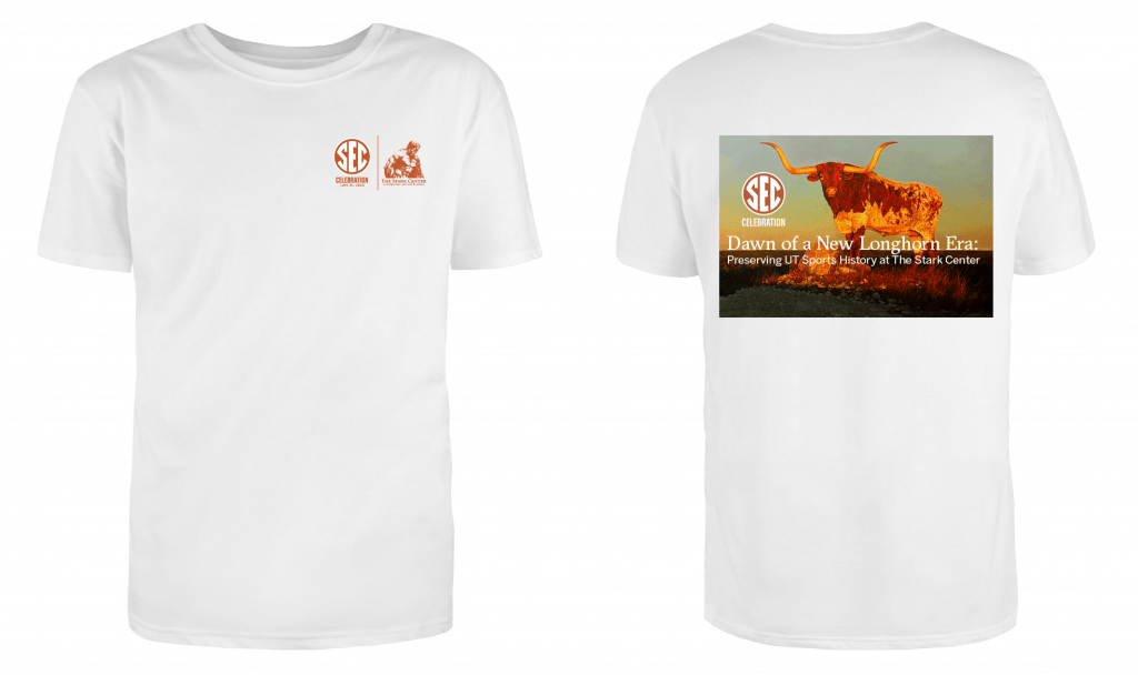 The mock up of a t-shirt which features the Stark logo and SEC logo on the pocket front and a longhorn painting on the back of the shirt.