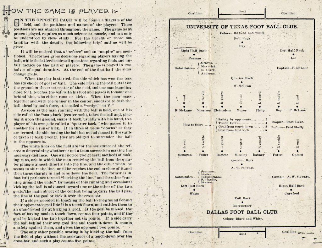 A faded and dated interior of the 1893 program which features a massive text block titled "How the Game is Played" and a diagram of the field with positions and player names.