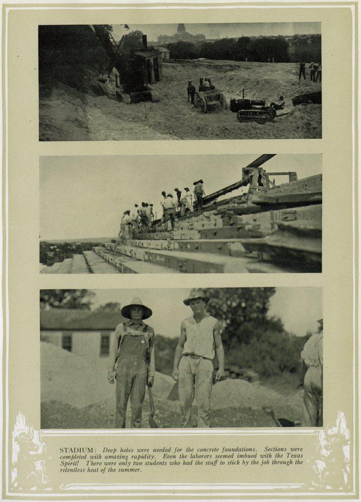 Black and white photos of the construction process of Texas Memorial Stadium in 1924.