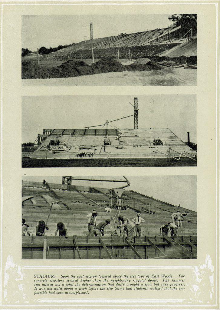 Black and white photos of the construction process of Texas Memorial Stadium in 1924.