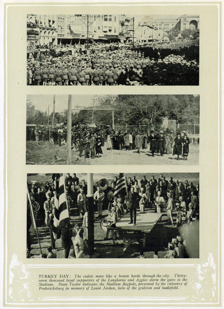 Black and white photos of the construction process of Texas Memorial Stadium in 1924.