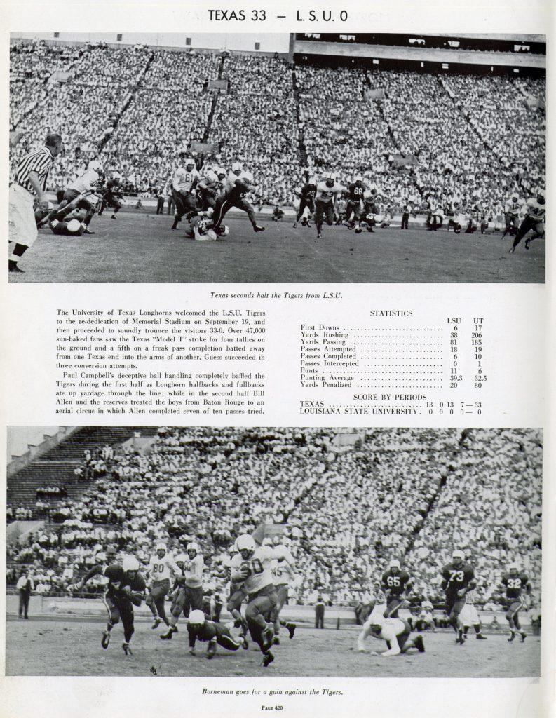 A black and white page from the Cactus with game photos and text about the rededication game between Texas and LSU in 1948.