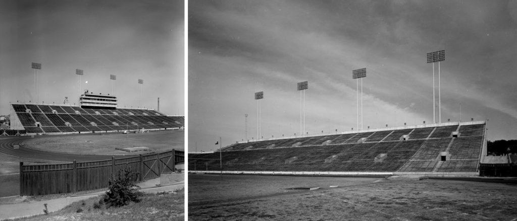 A black and white photograph showing the newly added flood lights on both the east and west sides of Texas Memorial Stadium in 1955.