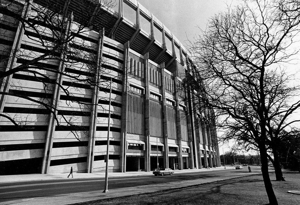 A black and white photo of Bellmont Hall on the University of Texas campus in 1972.