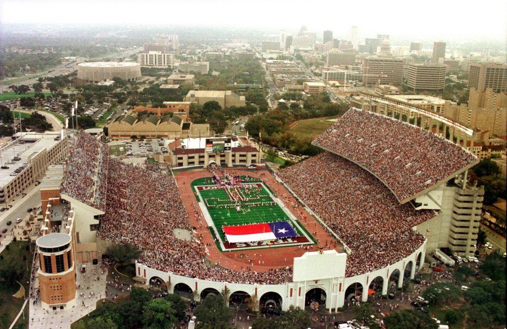 An aerial color photograph of DKR Texas Memorial Stadium in 1998 when the east side upper deck was completed.