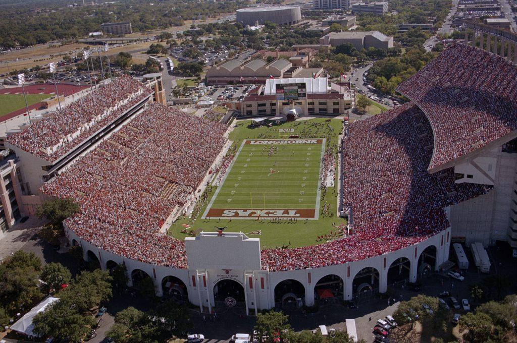 An aerial color photo of DKR Texas Memorial Stadium in 1999 after the track was removed from the stadium.