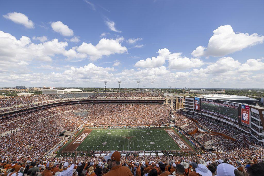 A color photo from the upper reach of the west side upper deck at DKR Texas Memorial Stadium during the 2024 football game against Colorado State.