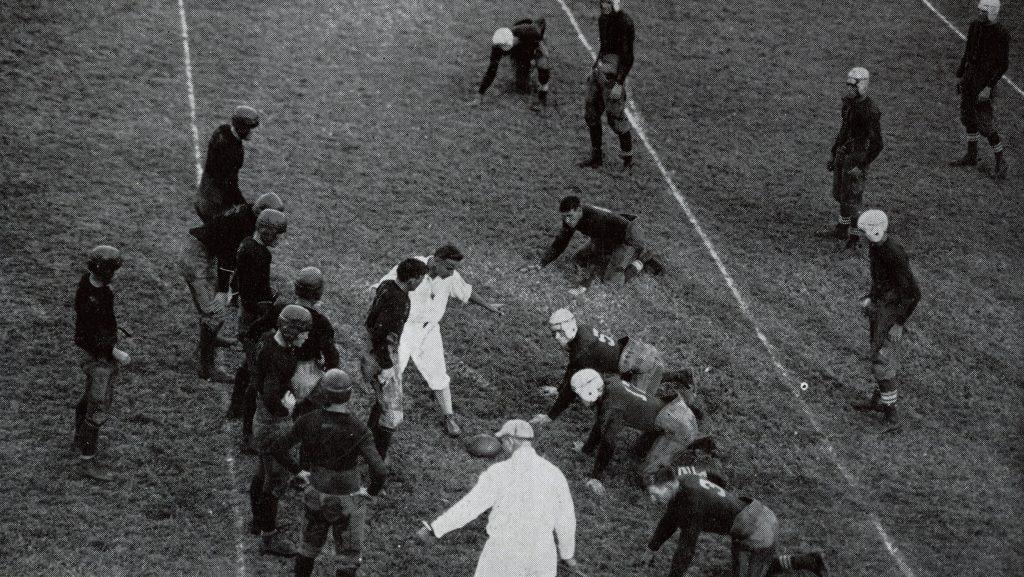 A black and white photo of Texas vs Florida, lining up to play football in 1924.