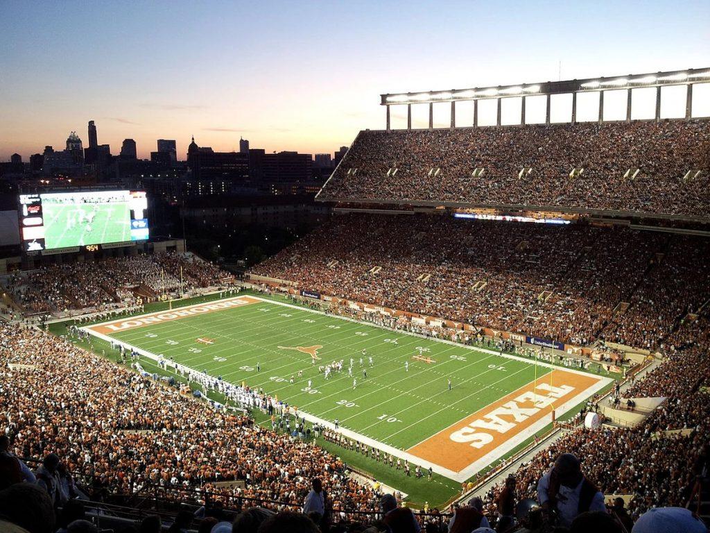 An aerial color photo of the newly installed godzillatron at the south end of DKR Texas Memorial Football Stadium