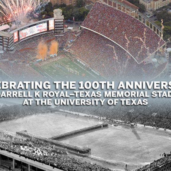 An aerial photograph of Texas Memorial Football Stadium in 2024 fades into an aerial photograph of Texas Memorial Football Stadium in 1924 with text that reads "Celebrating the 100th Anniversary of Darrell K royal–Texas Memorial Stadium at the University of Texas."