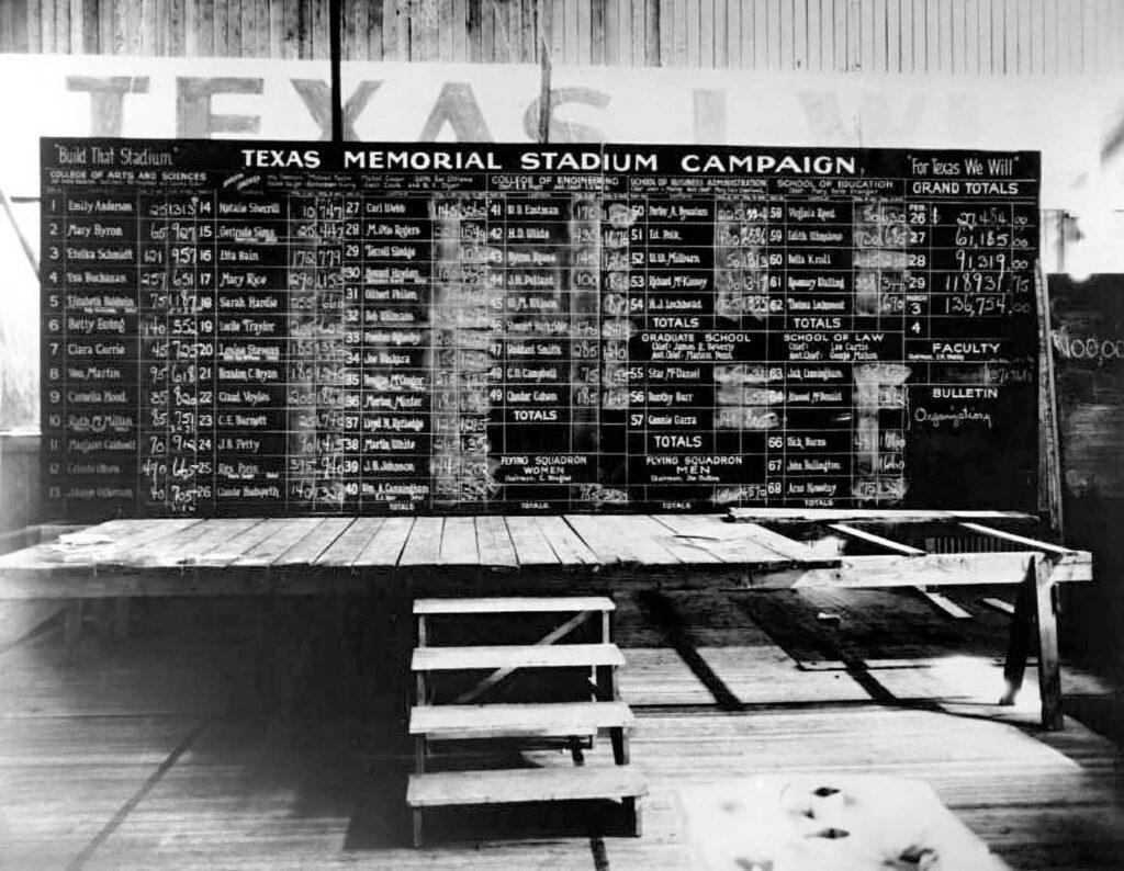 A black and white photograph of a small stage and blackboard which keeps track of donation records for the construction of Texas Memorial Stadium.