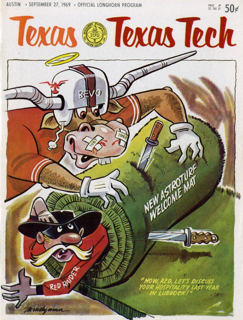 The cover of the 1969 Texas v Texas Tech football game in which a cartoon longhorn is rolling up a cartoon red raider in astroturf.