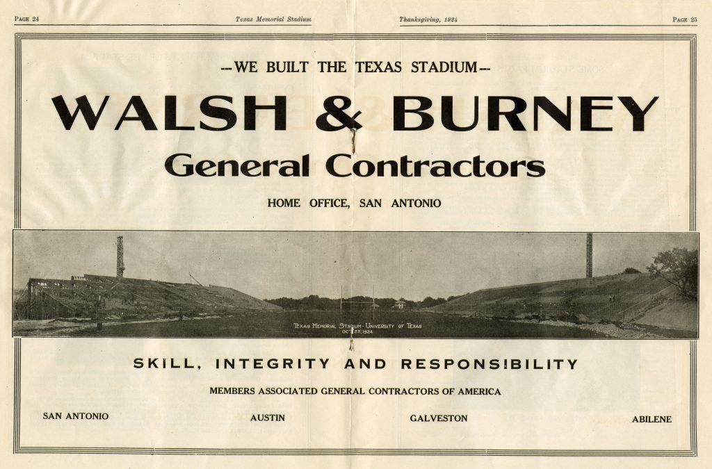 A two-page spread advertising Walsh & Burney General Contractors in the 1924 Dedication Game program with a photo of Texas Memorial Stadium.