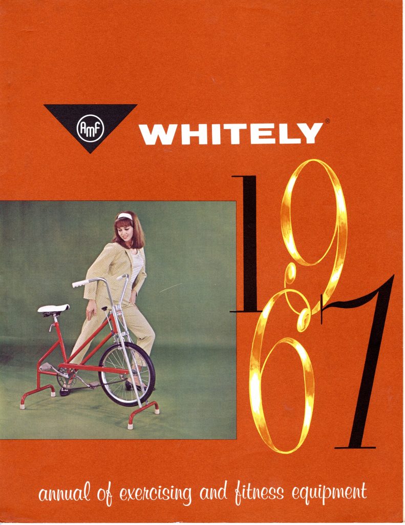 Color scan of AMF Whitley 1967 exercise and fitness equipment catalog cover. Cover is bright orange and has image of woman in patterned suit standing beside a red exercise bike.