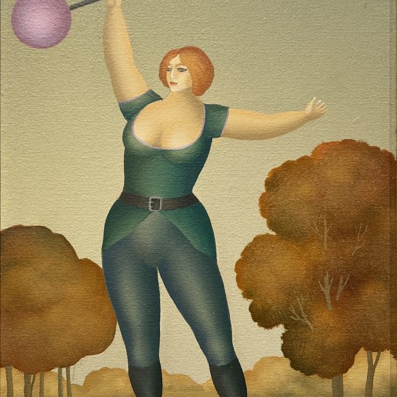 A painting by Igor Galanin of a woman wearing a festive green suit holds a barbell overhead with one hand. The barbell has purple globes on each end.