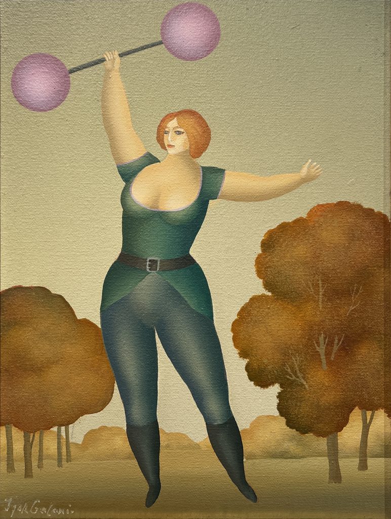 A painting by Igor Galanin of a woman wearing a festive green suit holds a barbell overhead with one hand. The barbell has purple globes on each end.