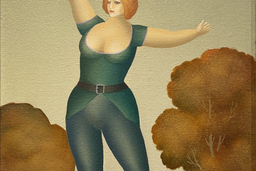 A painting by Igor Galanin of a woman wearing a festive green suit holds a barbell overhead with one hand. The barbell has purple globes on each end.