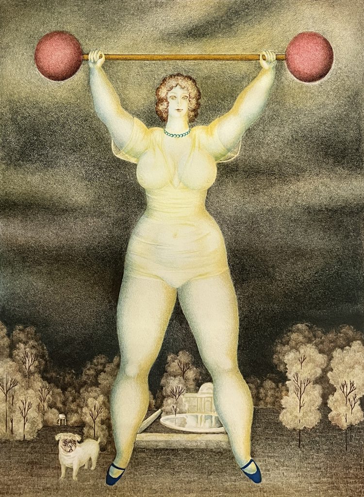 A painting by Igor Galanin which features a large woman in the foreground of the painting with a small pug dog by her right foot. The woman holds a globe-ended barbell overhead with little effort.