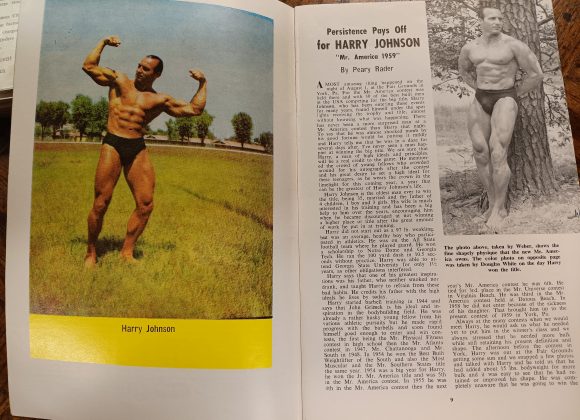 Images of Harry Johnson Jr. with article titled "Persistence Pays off for Harry Johnson: Mr. America 1959" by Peary Rader.